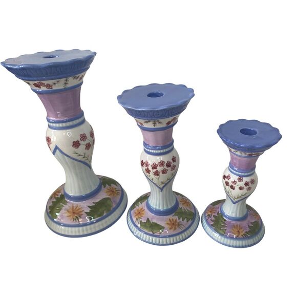 Capriware 3-Piece Pillar Candleholder Set Blue Purple Floral Hand Painted VTG - Picture 10 of 12